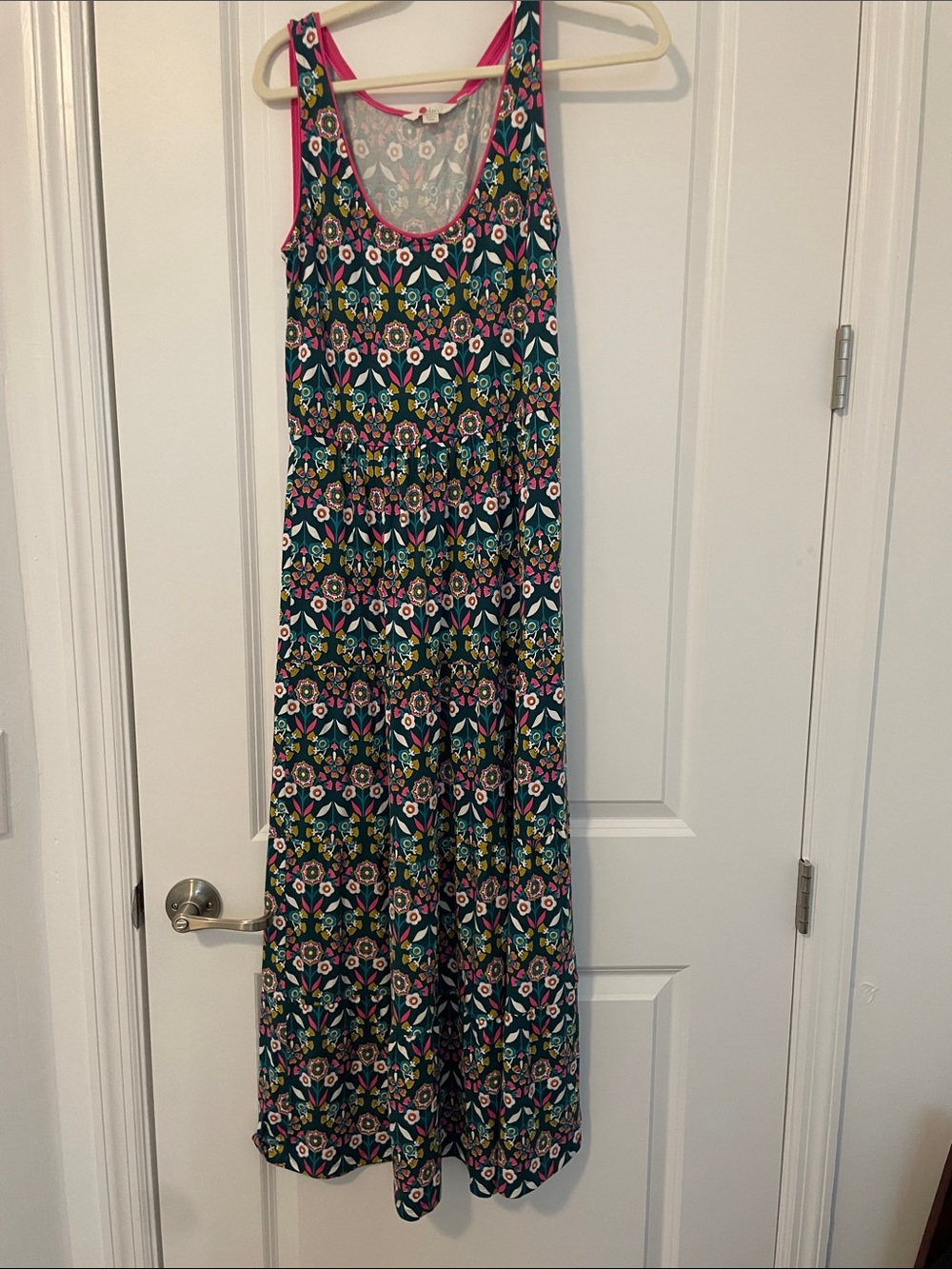 Boden Teal Floral Maxi Dress with Pink Trim